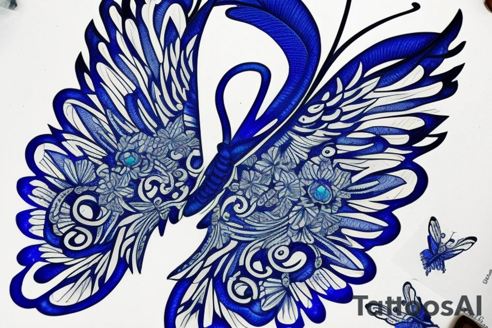 Butterfly ming vase broken wing blue white gold tattoo idea