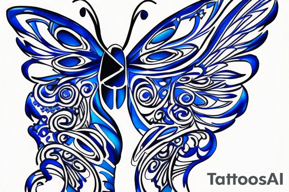 Butterfly ming vase broken wing blue white gold tattoo idea