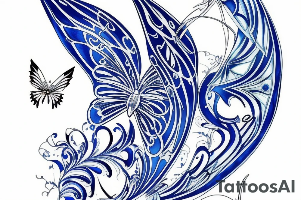 Butterfly ming vase broken wing blue white gold tattoo idea