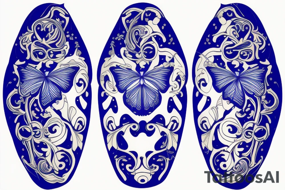 Butterfly ming vase broken wing blue white gold tattoo idea