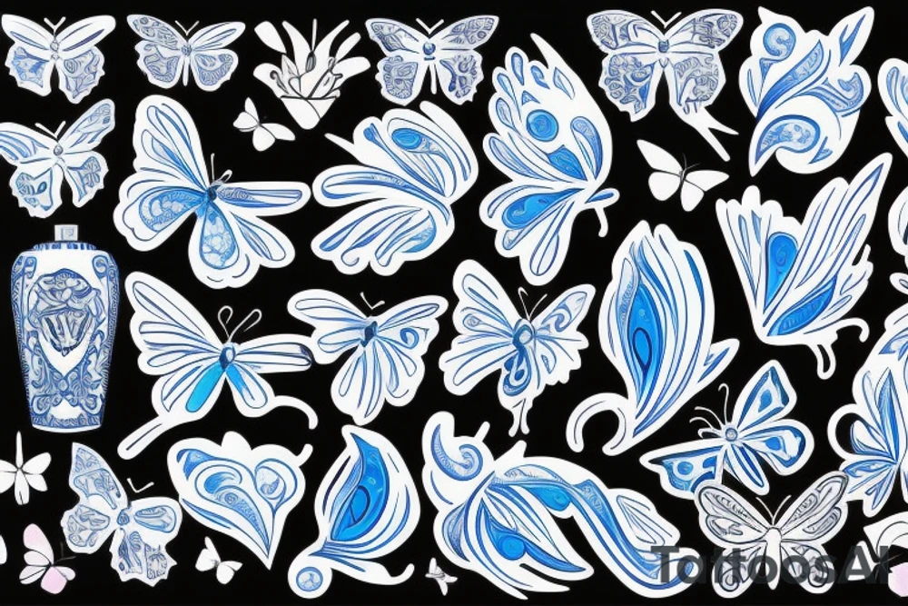 Butterfly ming vase broken wing blue white gold tattoo idea