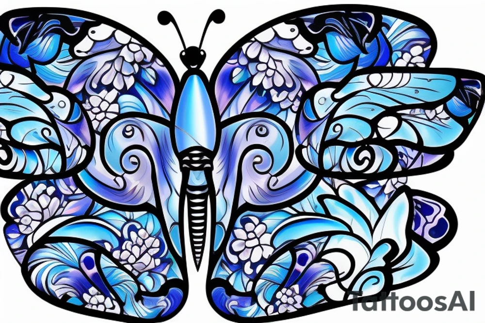 Butterfly ming vase broken wing blue white gold tattoo idea