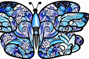 Butterfly ming vase broken wing blue white gold tattoo idea