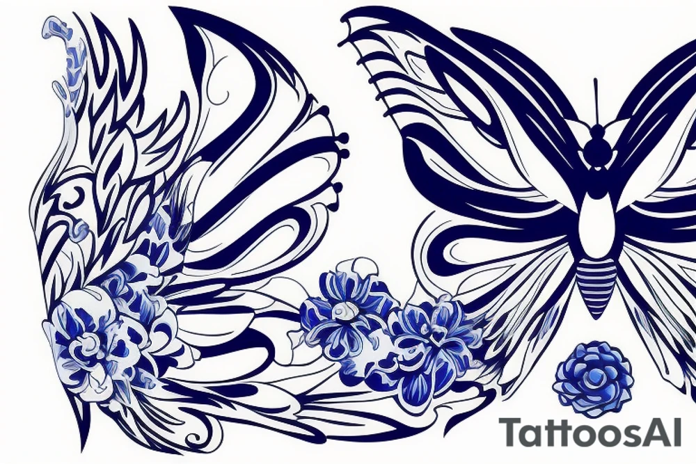 Butterfly ming vase broken wing blue white gold tattoo idea