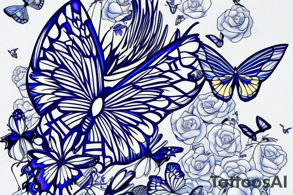Butterfly ming vase broken wing blue white gold tattoo idea