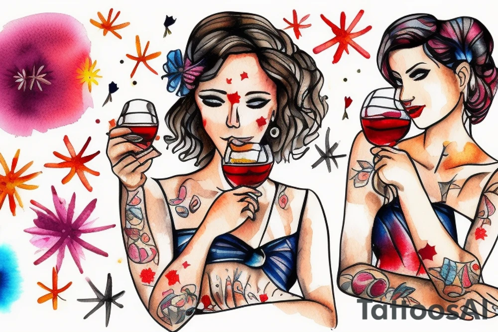 A glass of sangria with a beautiful woman watching fireworks in it tattoo idea