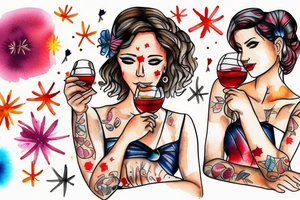 A glass of sangria with a beautiful woman watching fireworks in it tattoo idea