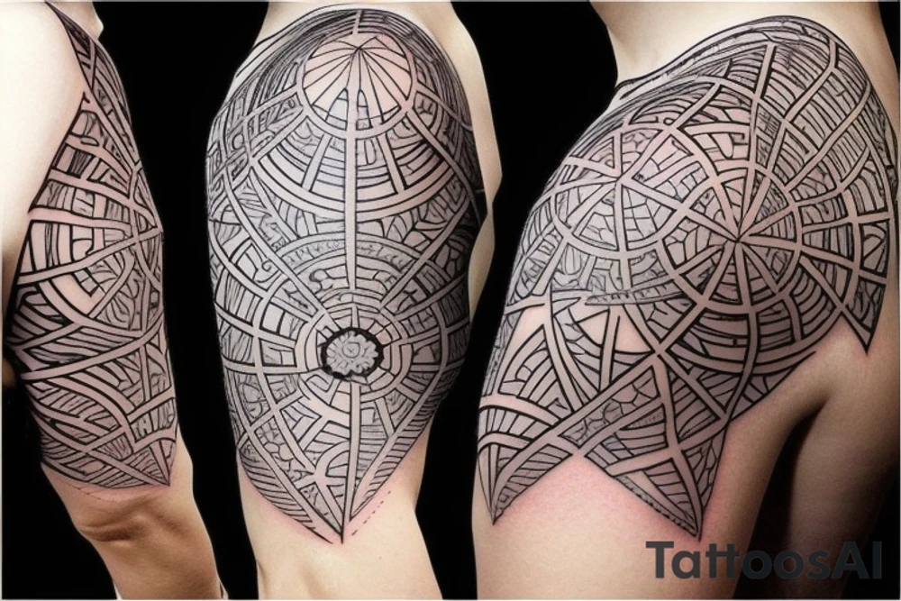 Sci fi geometry pattern on shoulder tattoo idea