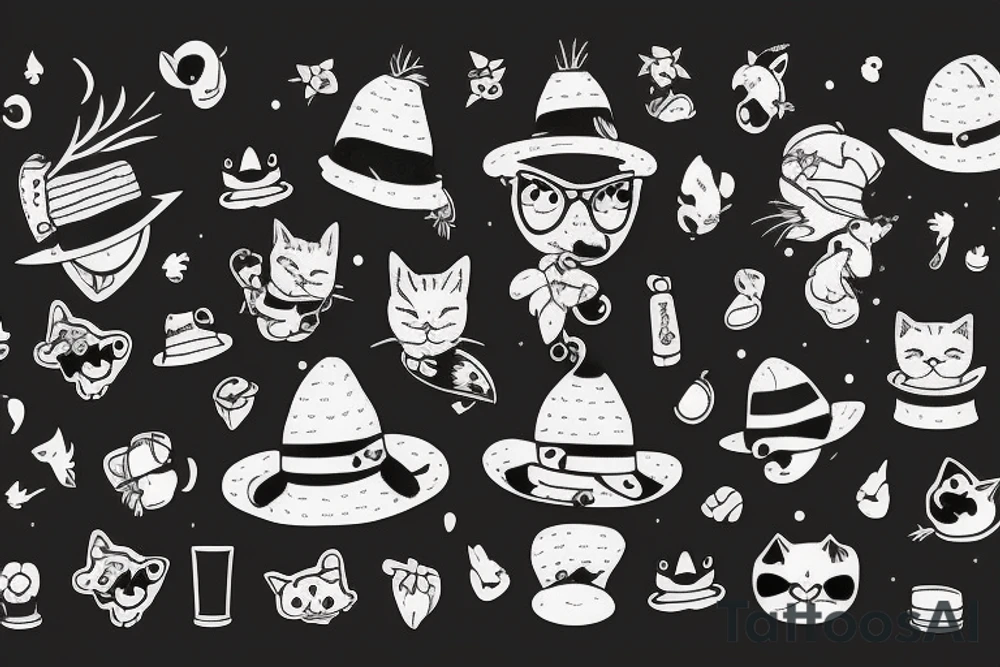 Black cat with a funny hat and a sweater tattoo idea
