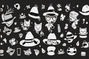 Black cat with a funny hat and a sweater tattoo idea