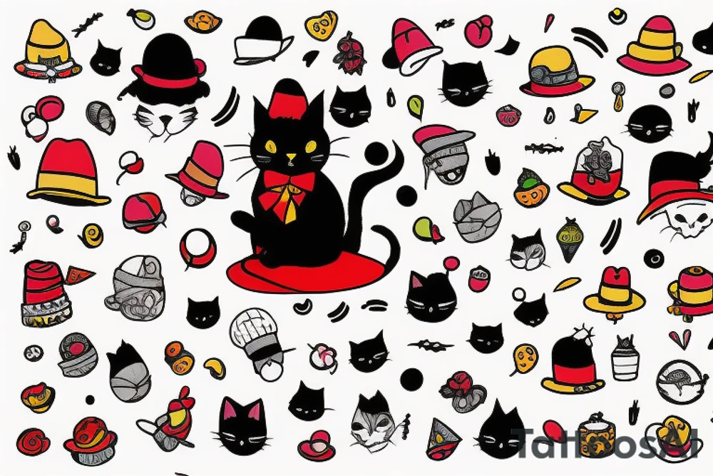 Black cat with a funny hat and a sweater tattoo idea