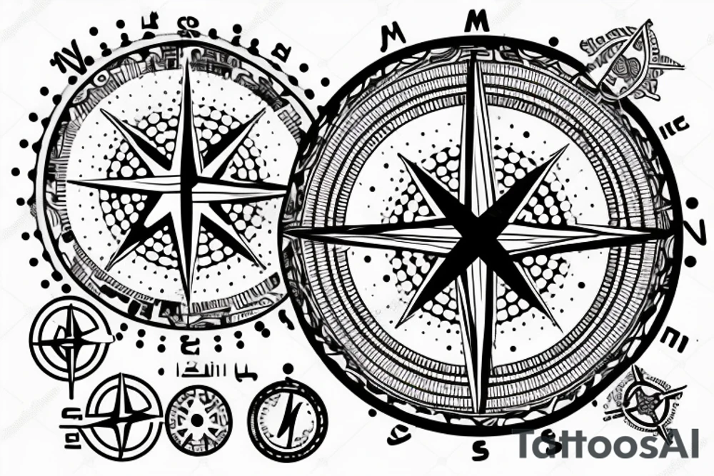 generate a tattoo sketch of israel and jordan with dots on tel aviv jerusalem and amman and a compass in the middle tattoo idea