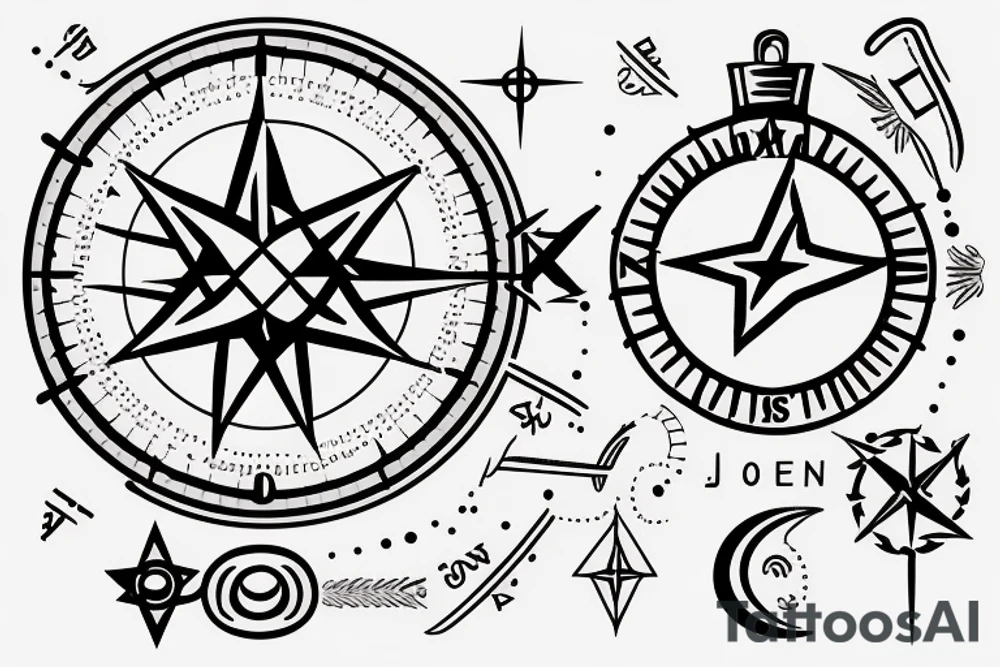 generate a tattoo sketch of israel and jordan with dots on tel aviv jerusalem and amman and a compass in the middle tattoo idea