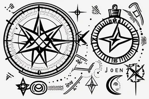 generate a tattoo sketch of israel and jordan with dots on tel aviv jerusalem and amman and a compass in the middle tattoo idea
