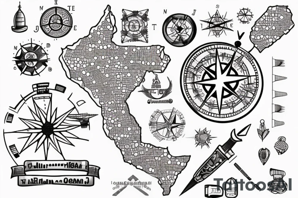 generate a tattoo sketch map of israel and jordan with dots on tel aviv jerusalem and amman and a compass in the middle tattoo idea