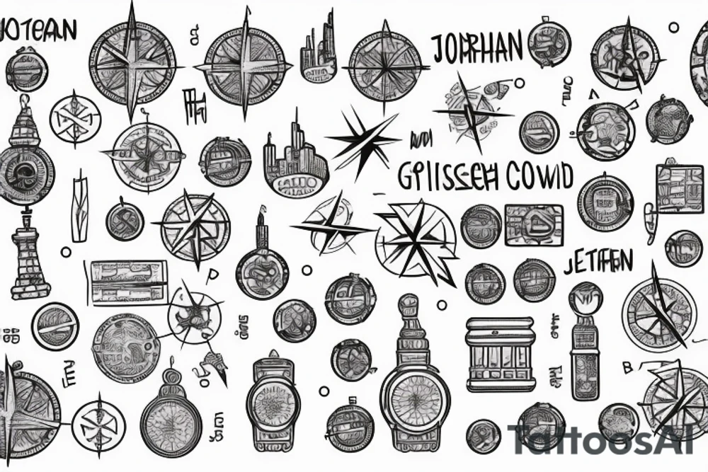 generate a tattoo sketch map of israel and jordan with dots on tel aviv jerusalem and amman and a compass in the middle tattoo idea