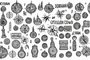 generate a tattoo sketch map of israel and jordan with dots on tel aviv jerusalem and amman and a compass in the middle tattoo idea