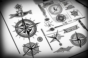 generate a tattoo sketch map of eastern Mediterranean region and a compass tattoo idea