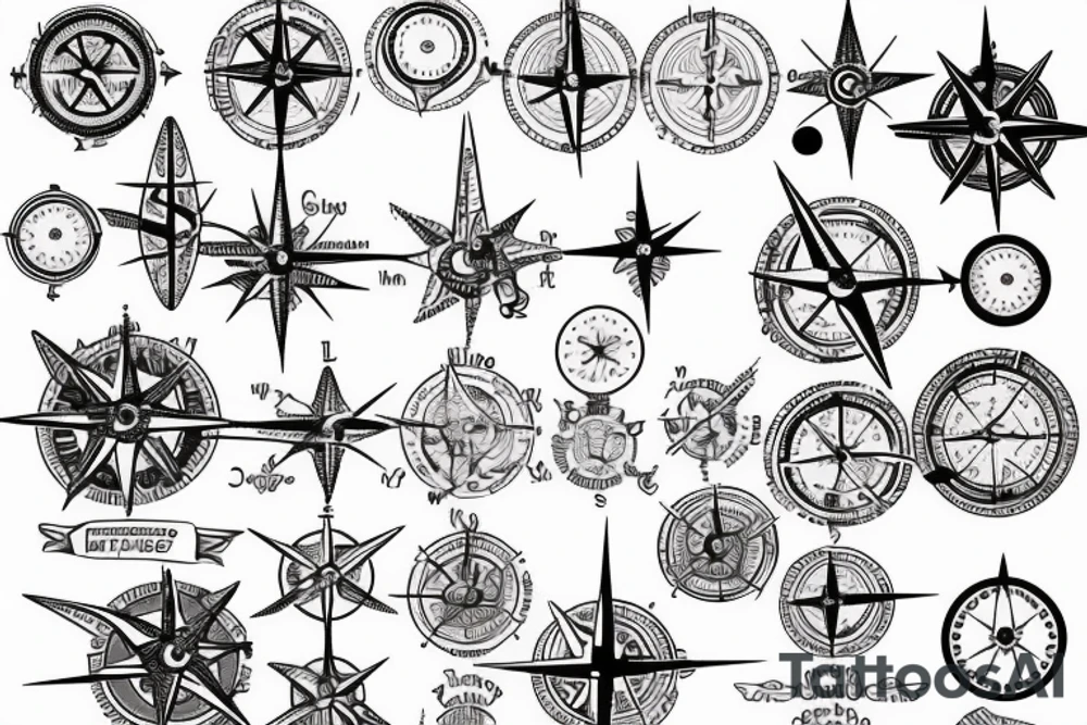 generate a tattoo sketch map of eastern Mediterranean region and a compass tattoo idea