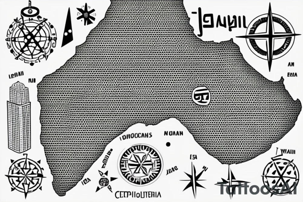 map of israel and jordan with dots on tel aviv jerusalem and amman and a compass in the middle tattoo idea