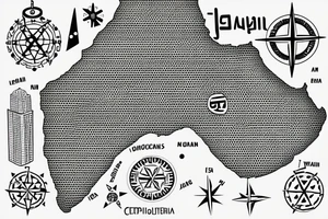 map of israel and jordan with dots on tel aviv jerusalem and amman and a compass in the middle tattoo idea