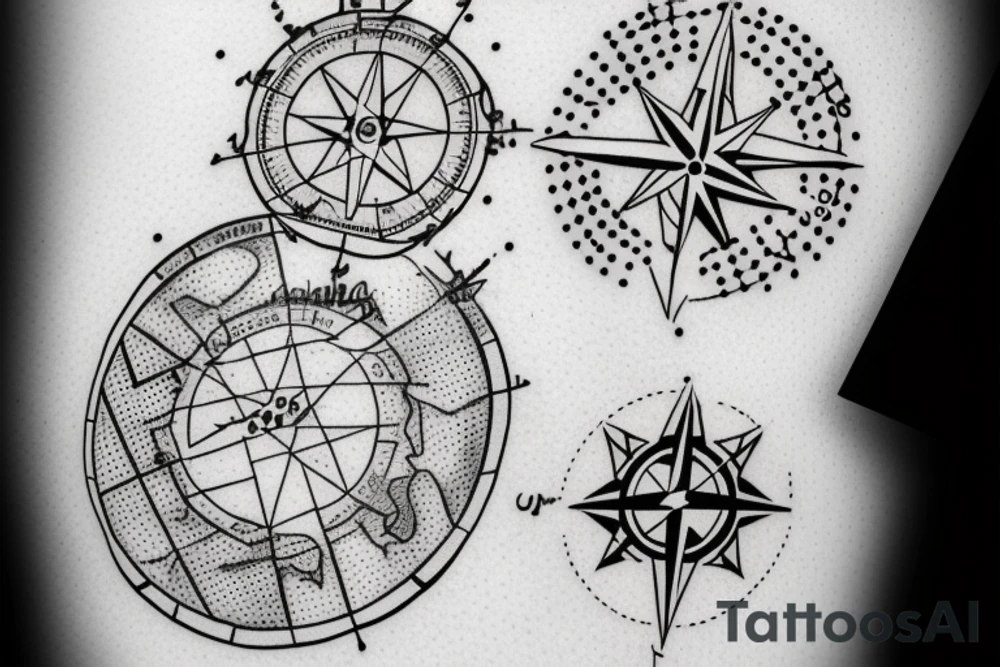 map of israel and jordan with dots on tel aviv jerusalem and amman and a compass in the middle tattoo idea