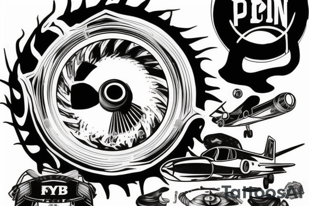 RB211 jet engine with top gun logo and pearl jam given to fly lyric tattoo idea