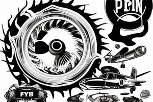 RB211 jet engine with top gun logo and pearl jam given to fly lyric tattoo idea