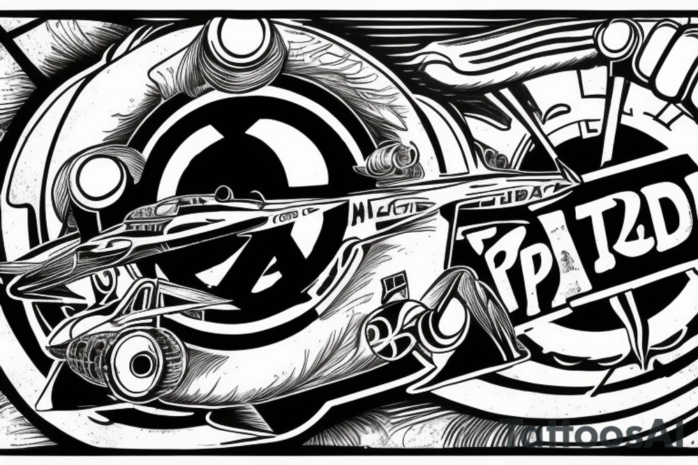 RB211 jet engine with top gun logo and pearl jam given to fly lyric tattoo idea