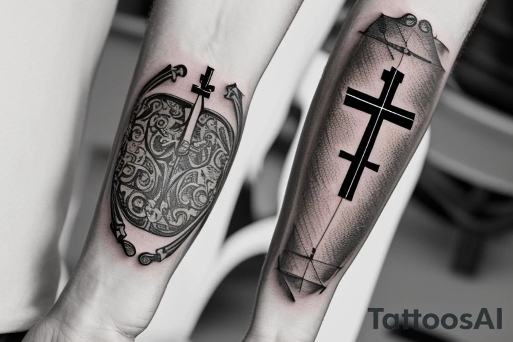 Arm band with Christian cross & a lock with a key tattoo idea