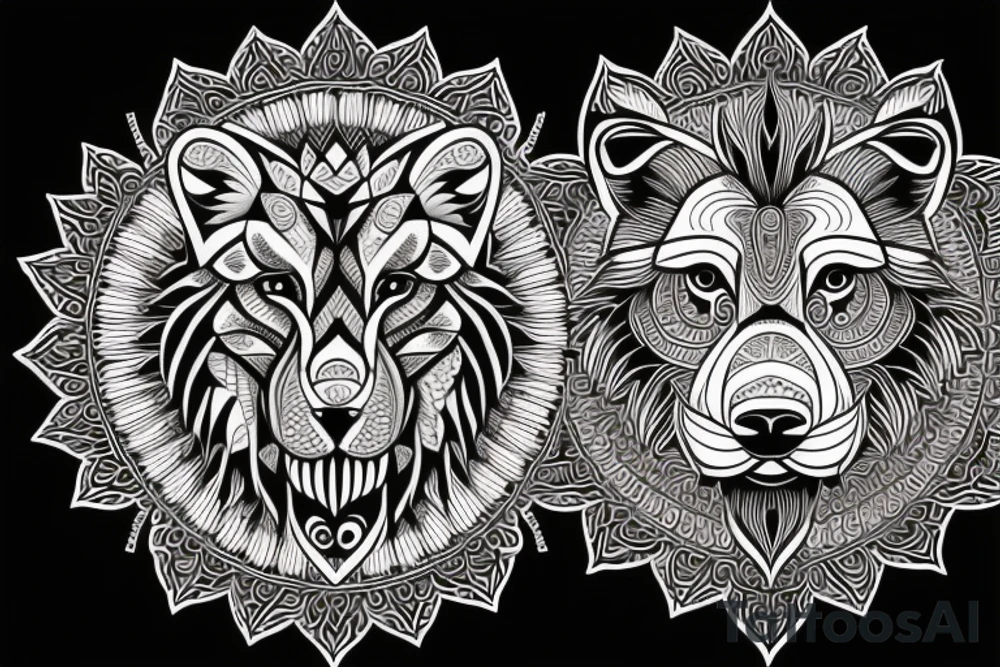Lion wolf face with mandala on the outside tattoo idea