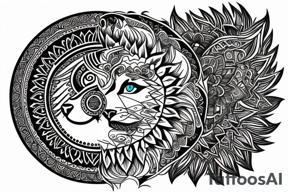 Half Lion half wolf with mandala on the outside tattoo idea