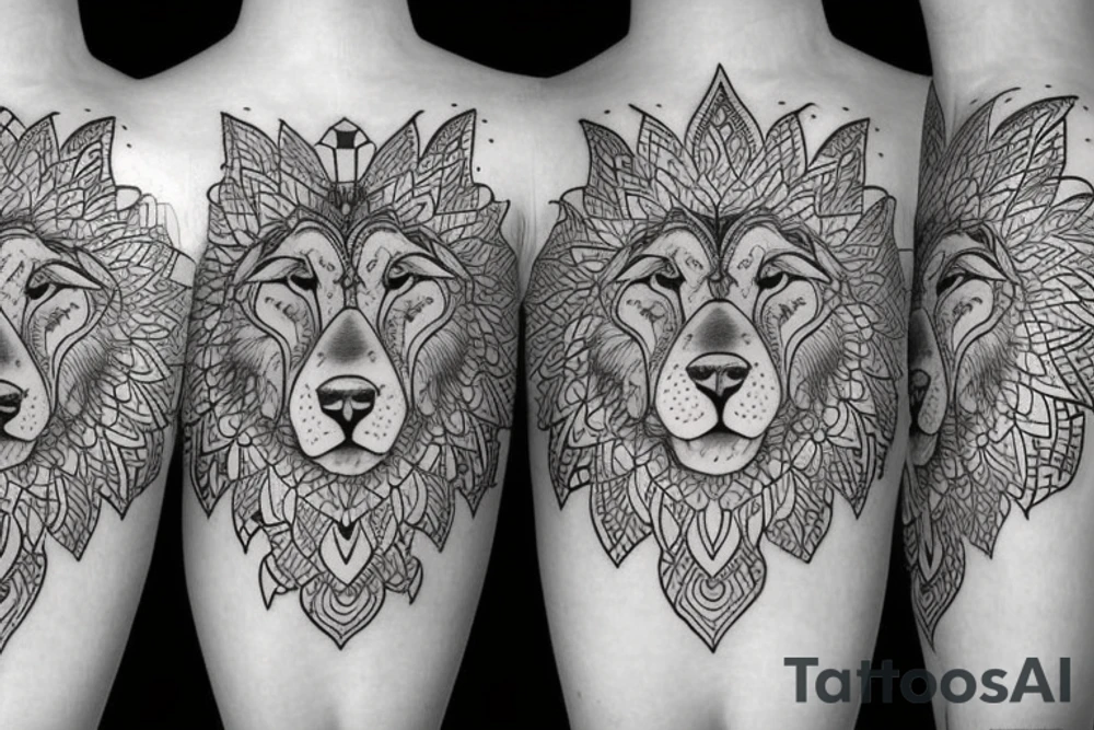 Half Lion half wolf with mandala on the outside tattoo idea