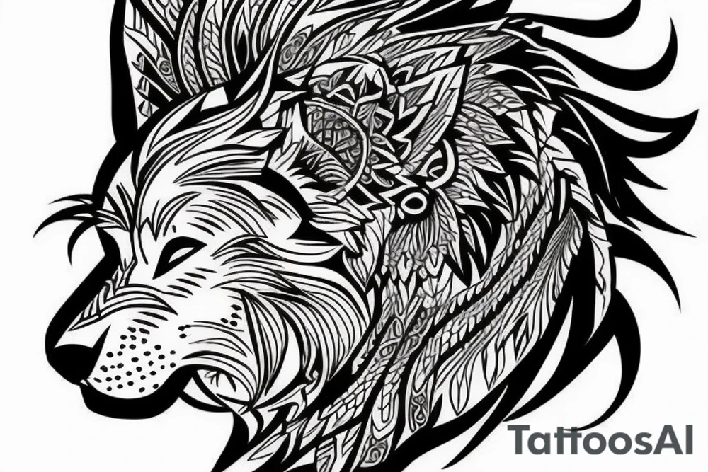 Half Lion half wolf with talisman on the outside tattoo idea