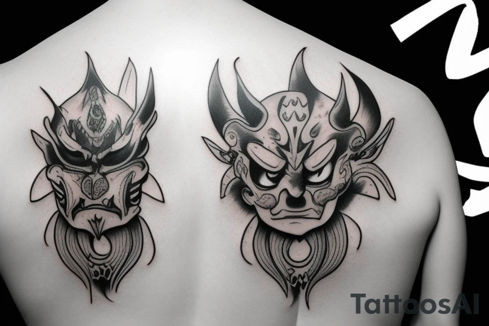 Oni mask covering full back tattoo idea