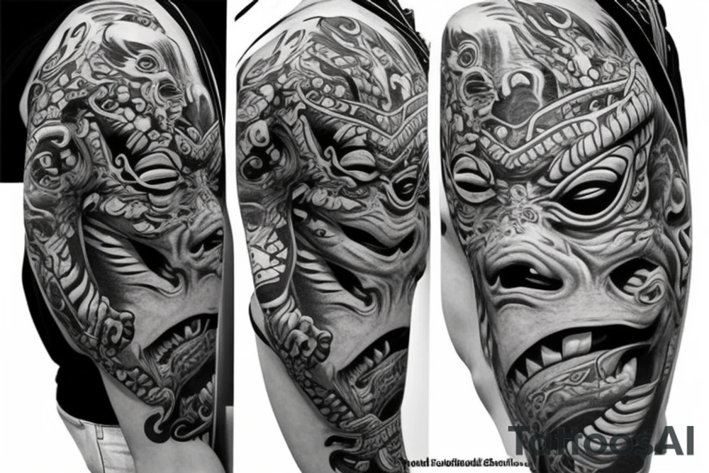 Realistic oni mask covering full back tattoo idea