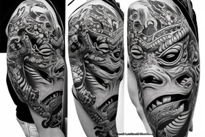 Realistic oni mask covering full back tattoo idea
