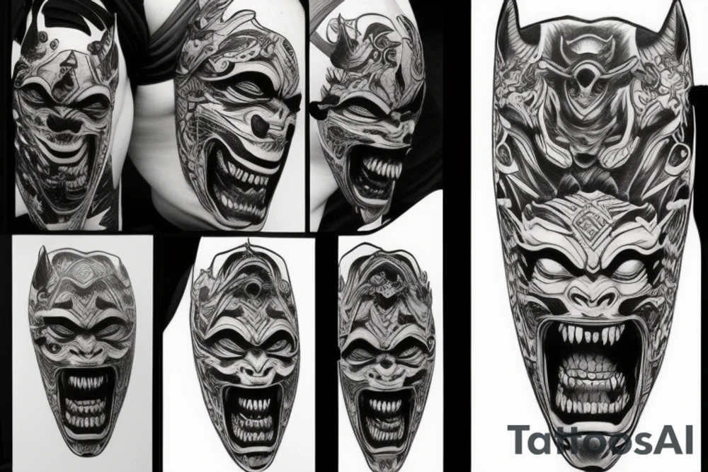 Realistic oni mask covering full back tattoo idea
