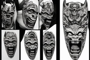 Realistic oni mask covering full back tattoo idea
