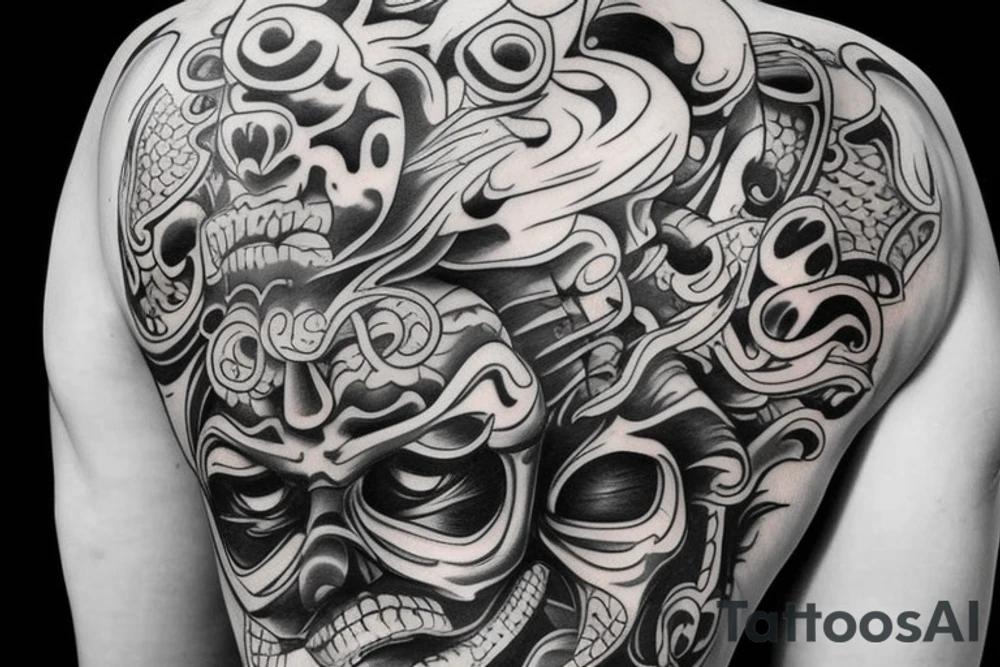 Realistic oni mask covering full back tattoo idea