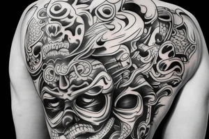 Realistic oni mask covering full back tattoo idea