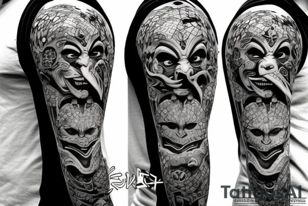 Realistic oni mask covering full back tattoo idea