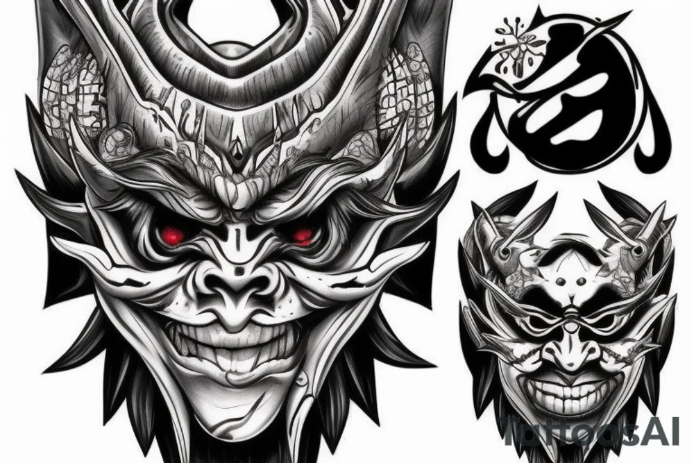 Realistic oni mask covering full back tattoo idea