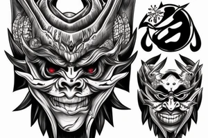 Realistic oni mask covering full back tattoo idea
