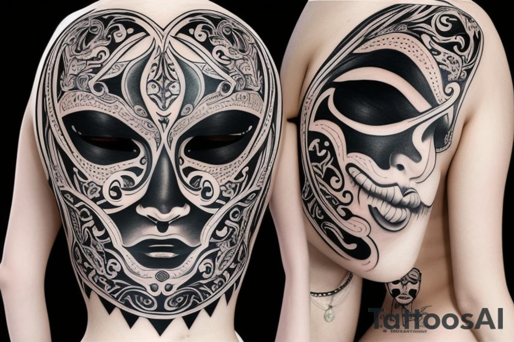 Realistic Hannah mask mask covering full back tattoo idea