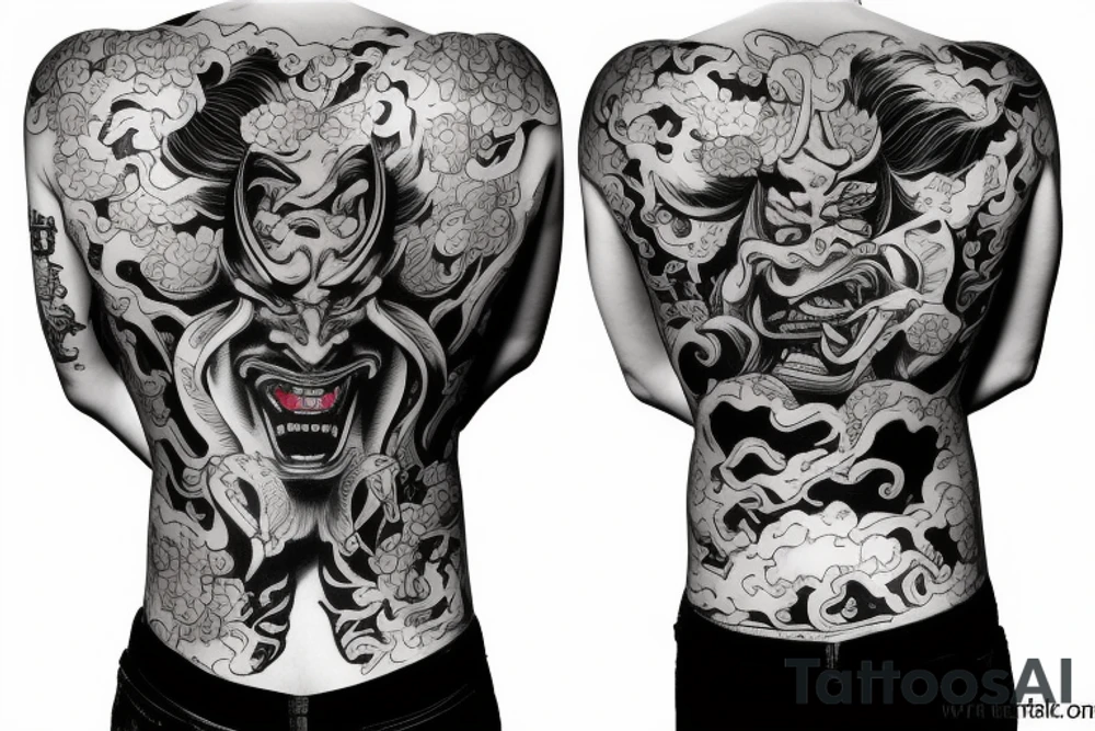 Realistic Hannya mask covering full back tattoo idea