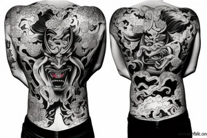 Realistic Hannya mask covering full back tattoo idea