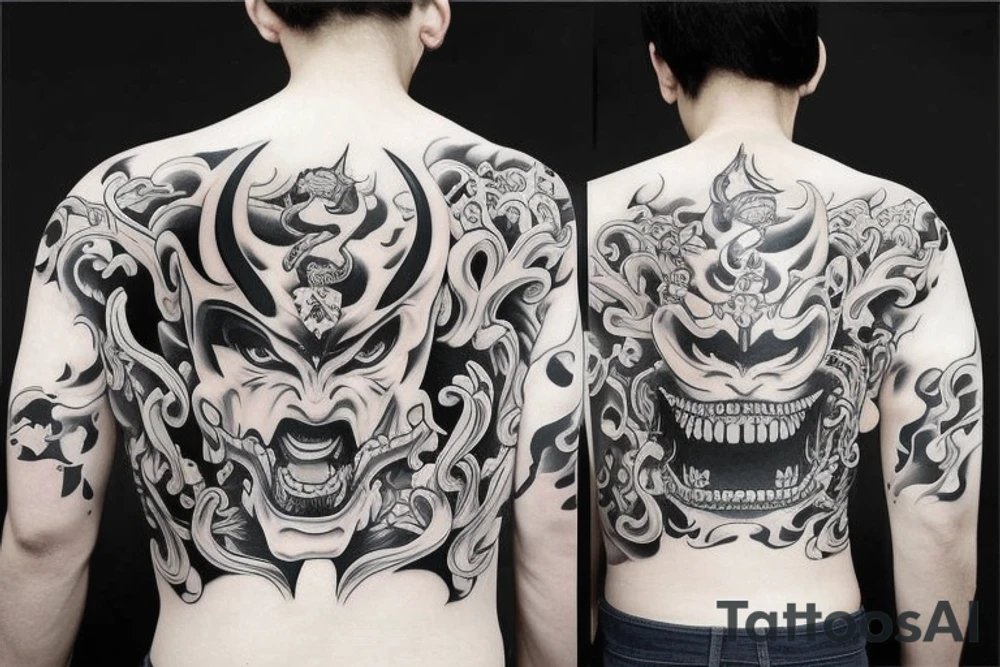 Realistic Hannya mask covering full back tattoo idea