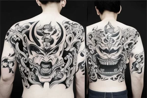 Realistic Hannya mask covering full back tattoo idea