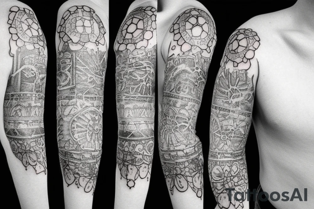 Tatoo for arm, from the shoulder, dotwork, various styles, with gears on the shoulder with a hooked letter tattoo idea